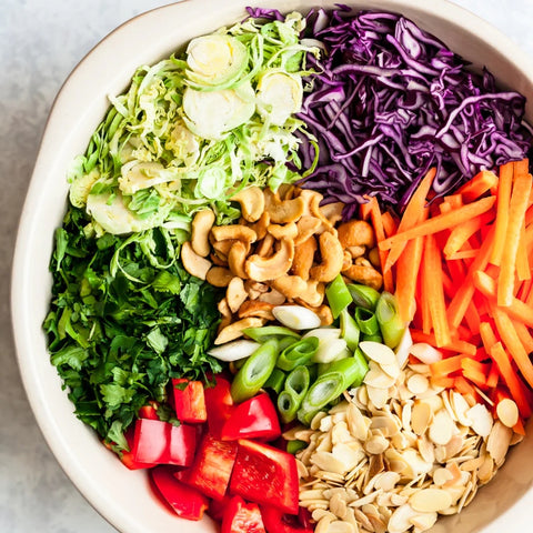 Strawberry and Blood Orange Cashew Shredded Brussels Sprouts Salad