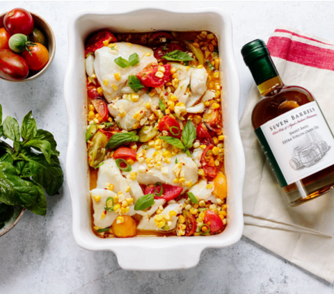 Sweet Basil Baked Cod with Summer Corn and Cherry Tomatoes