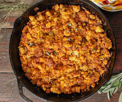 Chorizo Cornbread Stuffing with Sriracha Mango Balsamic