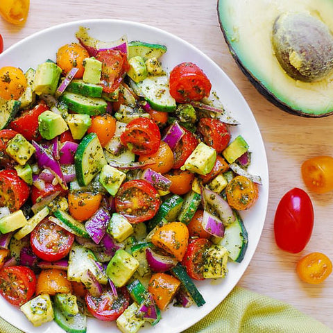 Basil Pesto Tomato Cucumber Avocado Salad